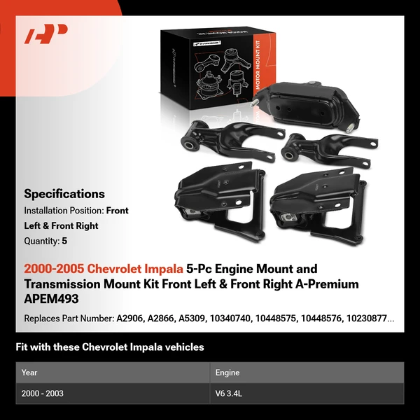 2000-2005 Chevrolet Impala 5-Pc Engine Mount and Transmission Mount Kit Front Left & Front Right A-Premium APEM493