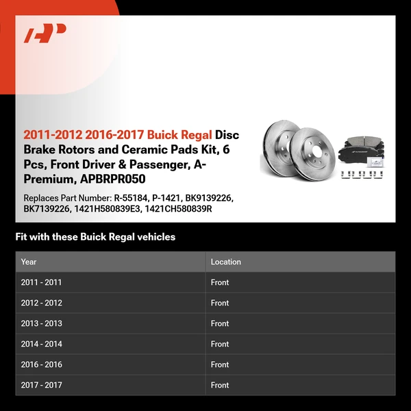 2011-2012 2016-2017 Buick Regal Disc Brake Rotors and Ceramic Pads Kit, 6 Pcs, Front Driver & Passenger, A-Premium, APBRPR050