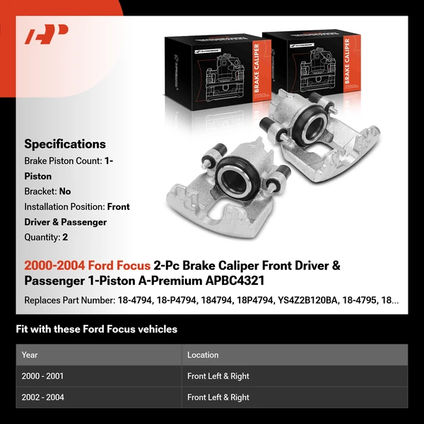 2000-2004 Ford Focus 2-Pc Brake Caliper Front Driver & Passenger 1-Piston A-Premium APBC4321