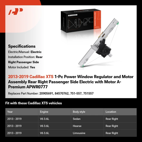 2013-2019 Cadillac XTS 1-Pc Power Window Regulator and Motor Assembly Rear Right Passenger Side Electric with Motor A-Premium APWR0777