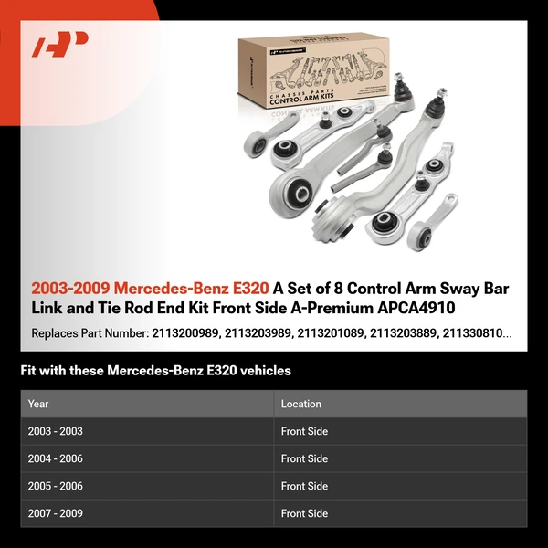2003-2009 Mercedes-Benz E320 A Set of 8 Control Arm Sway Bar Link and Tie Rod End Kit Front Side A-Premium APCA4910