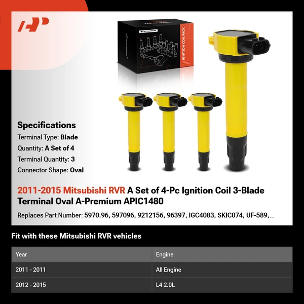 2011-2015 Mitsubishi RVR A Set of 4-Pc Ignition Coil 3-Blade Terminal Oval A-Premium APIC1480