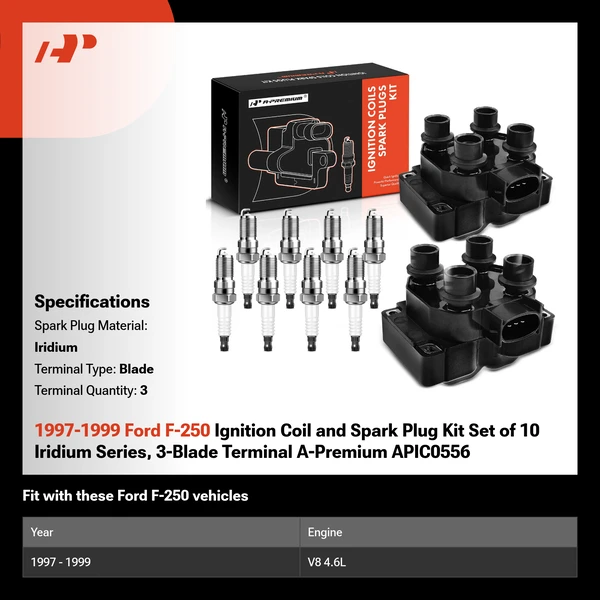 1997-1999 Ford F-250 Ignition Coil and Spark Plug Kit Set of 10 Iridium Series, 3-Blade Terminal A-Premium APIC0556