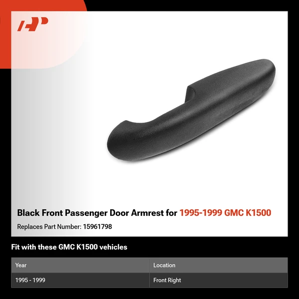 Black Front Passenger Door Armrest for 1995-1999 GMC K1500