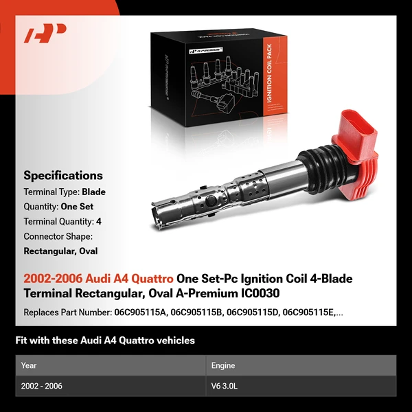 2002-2006 Audi A4 Quattro One Set-Pc Ignition Coil 4-Blade Terminal Rectangular, Oval A-Premium IC0030