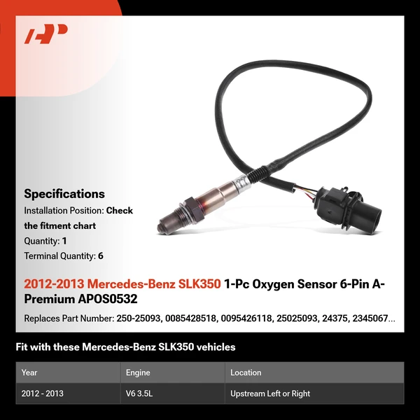 2012-2013 Mercedes-Benz SLK350 1-Pc Oxygen Sensor 6-Pin A-Premium APOS0532