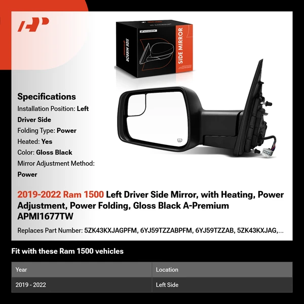 2019-2022 Ram 1500 Left Driver Side Mirror, with Heating, Power Adjustment, Power Folding, Gloss Black A-Premium APMI1677TW