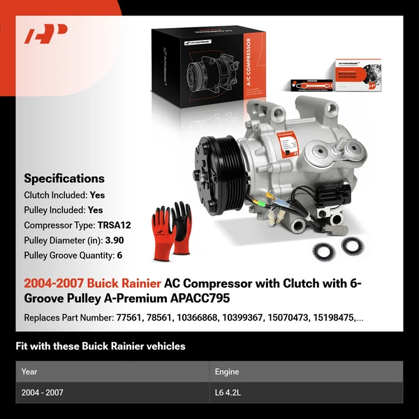 2004-2007 Buick Rainier AC Compressor with Clutch with 6-Groove Pulley A-Premium APACC795