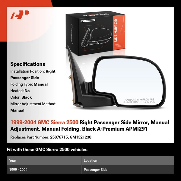 1999-2004 GMC Sierra 2500 Right Passenger Side Mirror, Manual Adjustment, Manual Folding, Black A-Premium APMI291