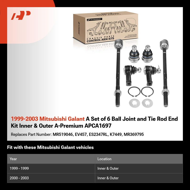 1999-2003 Mitsubishi Galant A Set of 6 Ball Joint and Tie Rod End Kit Inner & Outer A-Premium APCA1697
