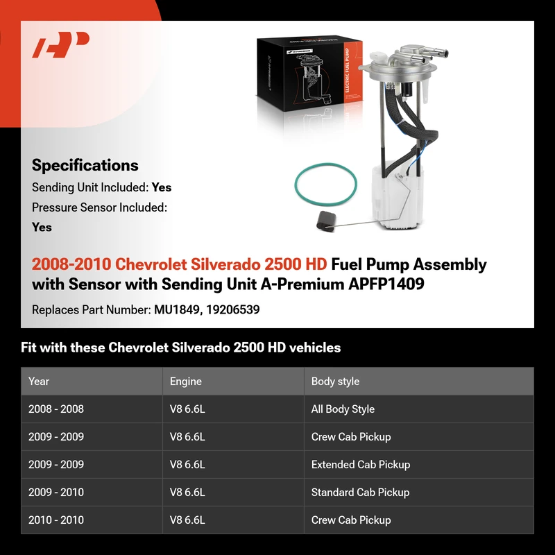 2008-2010 Chevrolet Silverado 2500 HD Fuel Pump Assembly with Sensor with Sending Unit A-Premium APFP1409