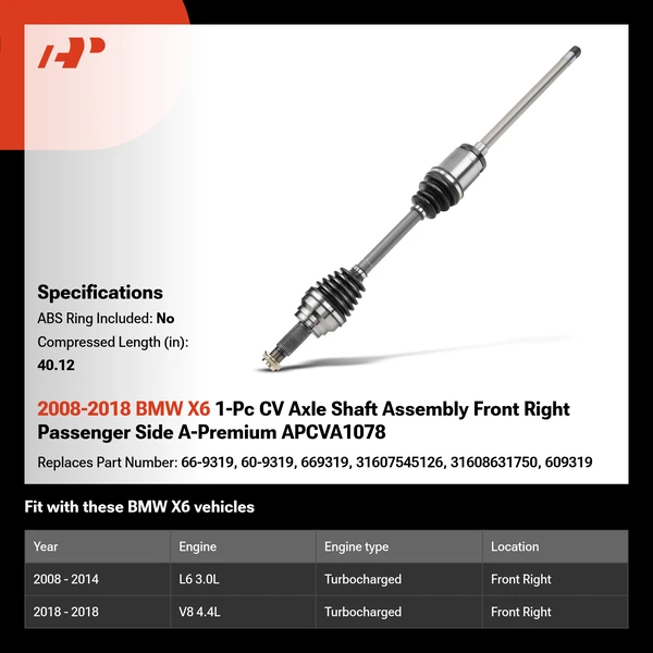 2008-2018 BMW X6 1-Pc CV Axle Shaft Assembly Front Right Passenger Side A-Premium APCVA1078