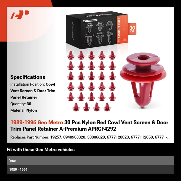 1989-1996 Geo Metro 30 Pcs Nylon Red Cowl Vent Screen & Door Trim Panel Retainer A-Premium APRCF4292
