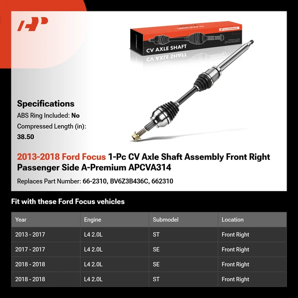 2013-2018 Ford Focus 1-Pc CV Axle Shaft Assembly Front Right Passenger Side A-Premium APCVA314