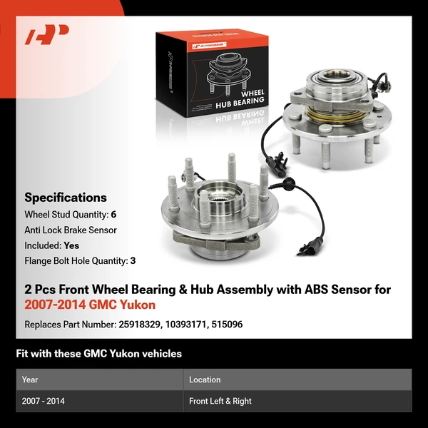 2 Pcs Front Wheel Bearing & Hub Assembly with ABS Sensor for 2007-2014 GMC Yukon