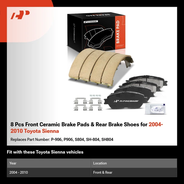 8 Pcs Front Ceramic Brake Pads & Rear Brake Shoes for 2004-2010 Toyota Sienna