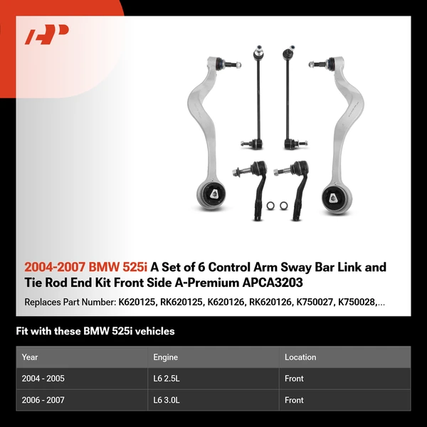 2004-2007 BMW 525i A Set of 6 Control Arm Sway Bar Link and Tie Rod End Kit Front Side A-Premium APCA3203