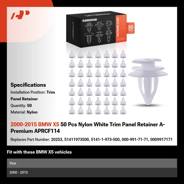 2000-2015 BMW X5 50 Pcs Nylon White Trim Panel Retainer A-Premium APRCF114