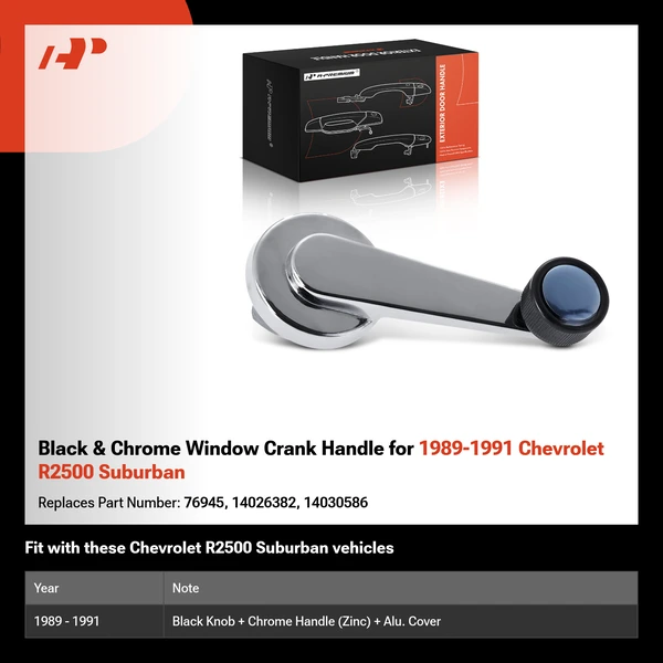 Black & Chrome Window Crank Handle for 1989-1991 Chevrolet R2500 Suburban