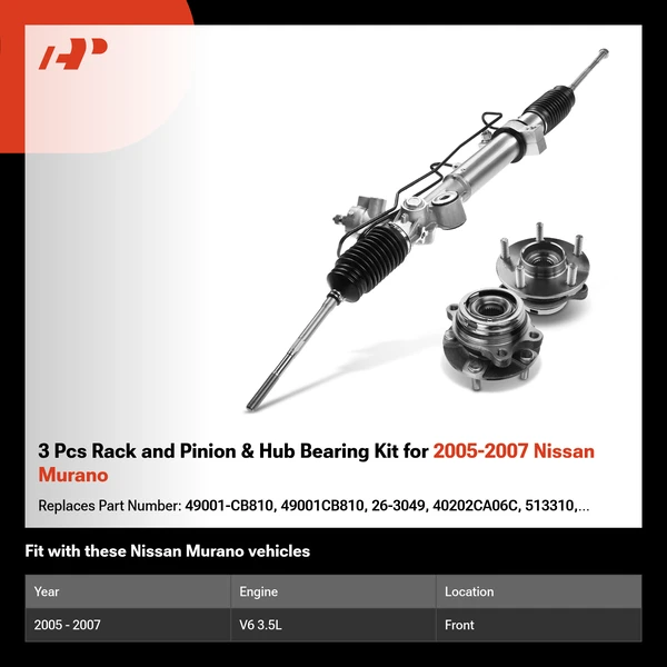 3 Pcs Rack and Pinion & Hub Bearing Kit for 2005-2007 Nissan Murano