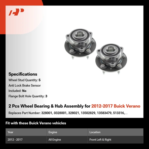 2 Pcs Wheel Bearing & Hub Assembly for 2012-2017 Buick Verano