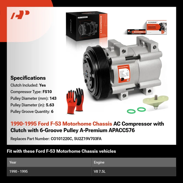 1990-1995 Ford F-53 Motorhome Chassis AC Compressor with Clutch with 6-Groove Pulley A-Premium APACC576
