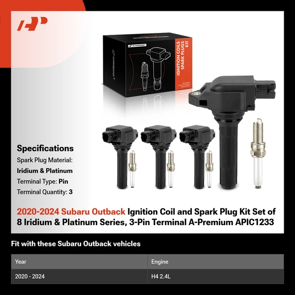 2020-2024 Subaru Outback Ignition Coil and Spark Plug Kit Set of 8 Iridium & Platinum Series, 3-Pin Terminal A-Premium APIC1233