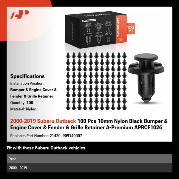 2000-2019 Subaru Outback 100 Pcs 10mm Nylon Black Bumper & Engine Cover & Fender & Grille Retainer A-Premium APRCF1026