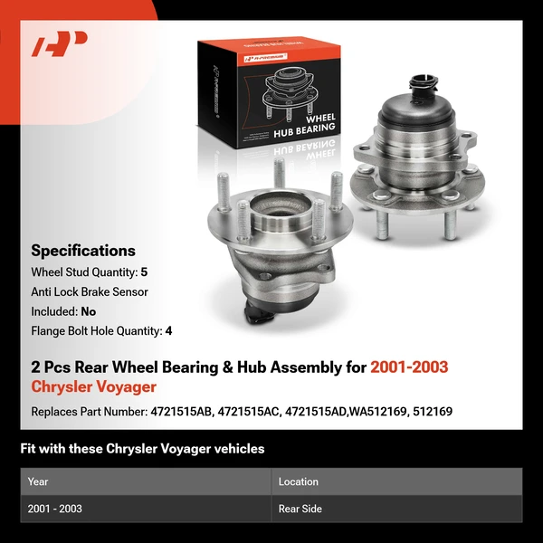 2 Pcs Rear Wheel Bearing & Hub Assembly for 2001-2003 Chrysler Voyager