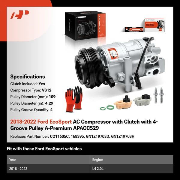 2018-2022 Ford EcoSport AC Compressor with Clutch with 4-Groove Pulley A-Premium APACC529