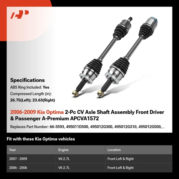 2006-2009 Kia Optima 2-Pc CV Axle Shaft Assembly Front Driver & Passenger A-Premium APCVA1572