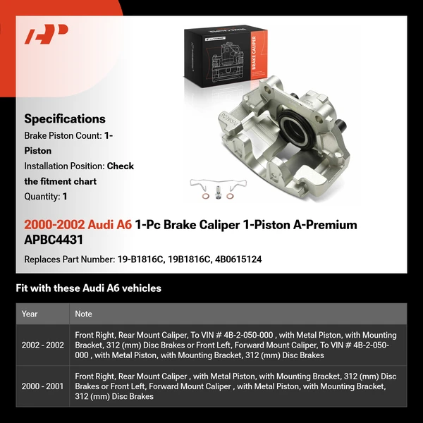 2000-2002 Audi A6 1-Pc Brake Caliper 1-Piston A-Premium APBC4431