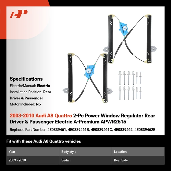 2003-2010 Audi A8 Quattro 2-Pc Power Window Regulator Rear Driver & Passenger Electric A-Premium APWR2515