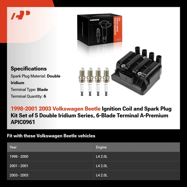 1998-2001 2003 Volkswagen Beetle Ignition Coil and Spark Plug Kit Set of 5 Double Iridium Series, 6-Blade Terminal A-Premium APIC0961