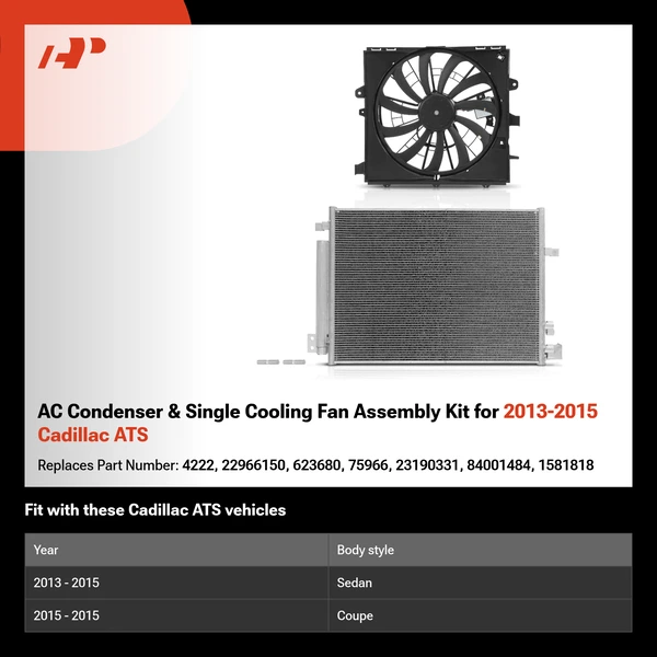 AC Condenser & Single Cooling Fan Assembly Kit for 2013-2015 Cadillac ATS