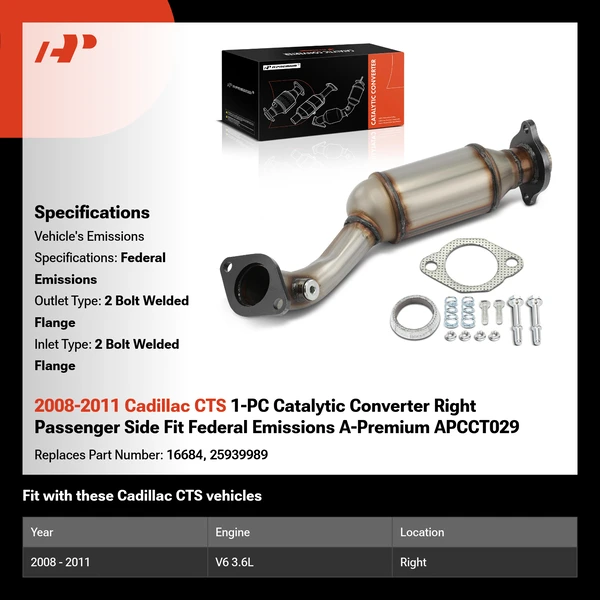 2008-2011 Cadillac CTS 1-PC Catalytic Converter Right Passenger Side Fit Federal Emissions A-Premium APCCT029
