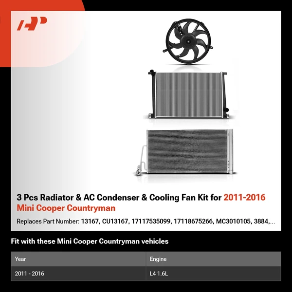 3 Pcs Radiator & AC Condenser & Cooling Fan Kit for 2011-2016 Mini Cooper Countryman