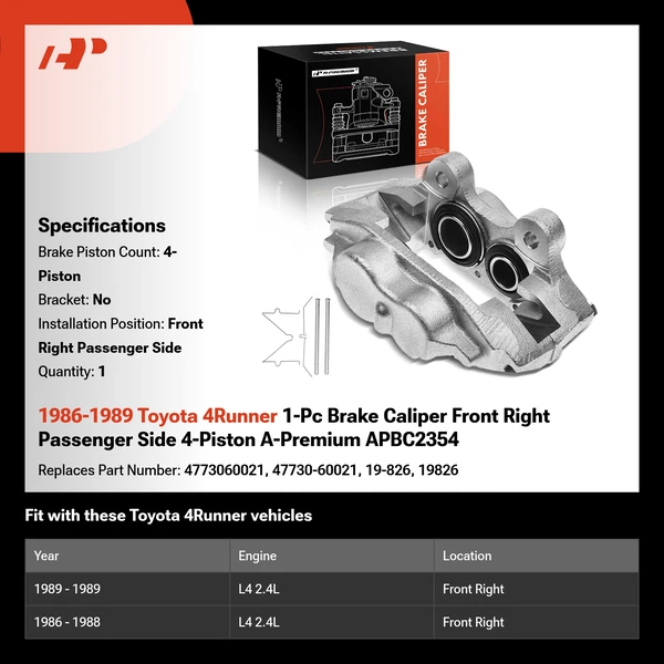 1986-1989 Toyota 4Runner 1-Pc Brake Caliper Front Right Passenger Side 4-Piston A-Premium APBC2354