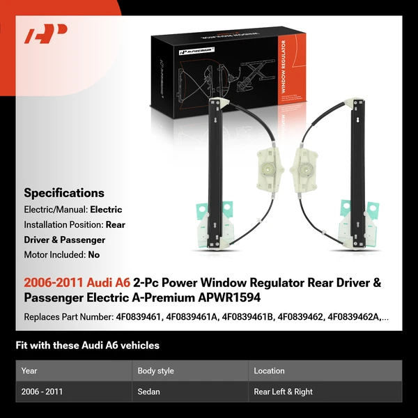 2006-2011 Audi A6 2-Pc Power Window Regulator Rear Driver & Passenger Electric A-Premium APWR1594