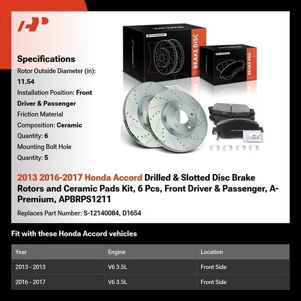 2013 2016-2017 Honda Accord Drilled & Slotted Disc Brake Rotors and Ceramic Pads Kit, 6 Pcs, Front Driver & Passenger, A-Premium, APBRPS1211