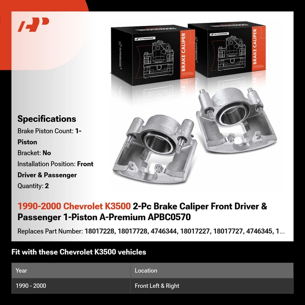 1990-2000 Chevrolet K3500 2-Pc Brake Caliper Front Driver & Passenger 1-Piston A-Premium APBC0570