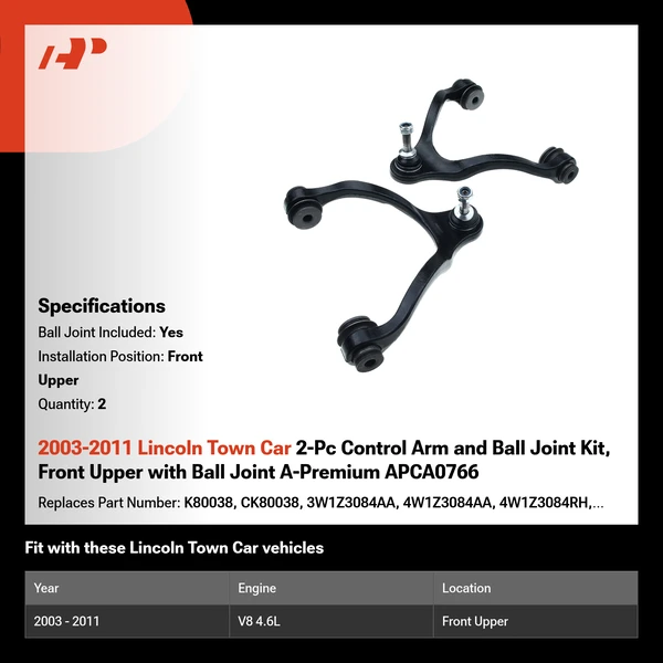 2003-2011 Lincoln Town Car 2-Pc Control Arm and Ball Joint Kit, Front Upper with Ball Joint A-Premium APCA0766