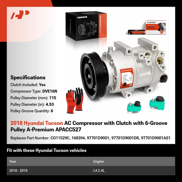 2018 Hyundai Tucson AC Compressor with Clutch with 6-Groove Pulley A-Premium APACC527