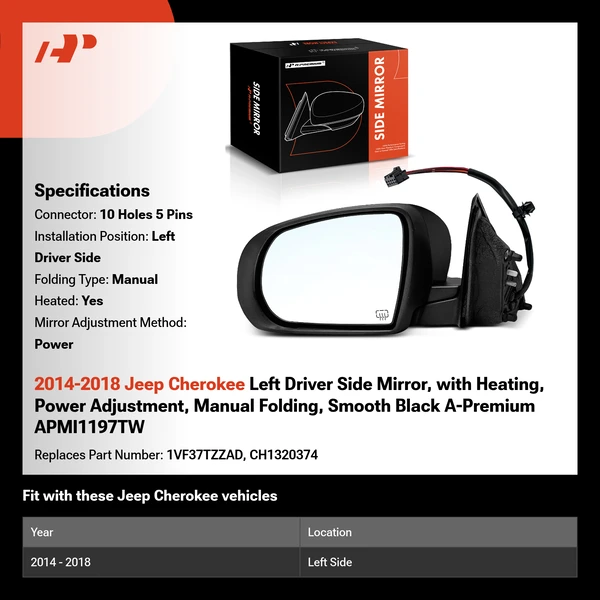 2014-2018 Jeep Cherokee Left Driver Side Mirror, with Heating, Power Adjustment, Manual Folding, Smooth Black A-Premium APMI1197TW