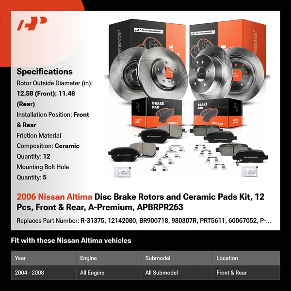 2006 Nissan Altima Disc Brake Rotors and Ceramic Pads Kit, 12 Pcs, Front & Rear, A-Premium, APBRPR263