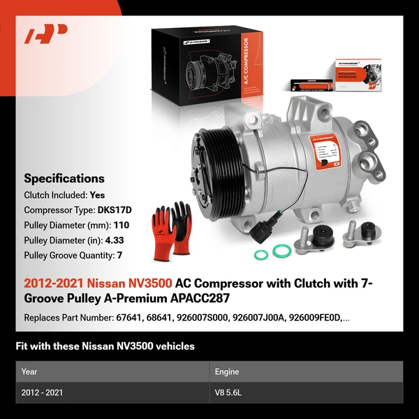 2012-2021 Nissan NV3500 AC Compressor with Clutch with 7-Groove Pulley A-Premium APACC287