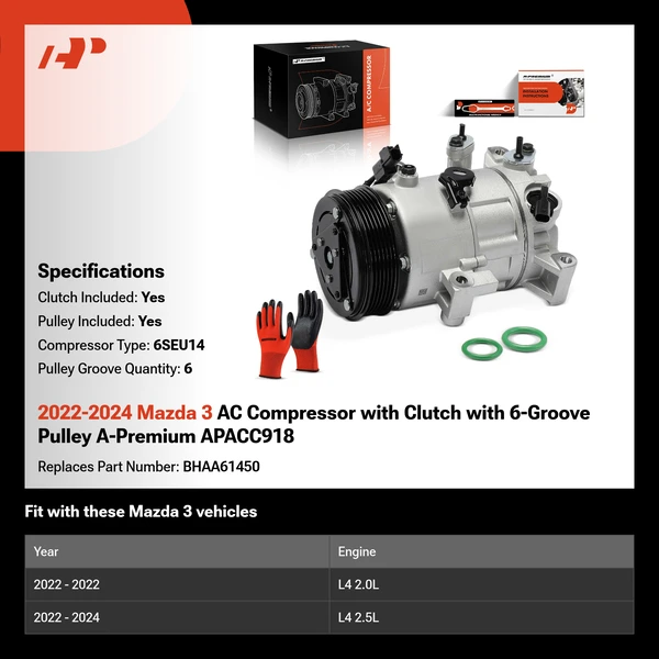 2022-2024 Mazda 3 AC Compressor with Clutch with 6-Groove Pulley A-Premium APACC918
