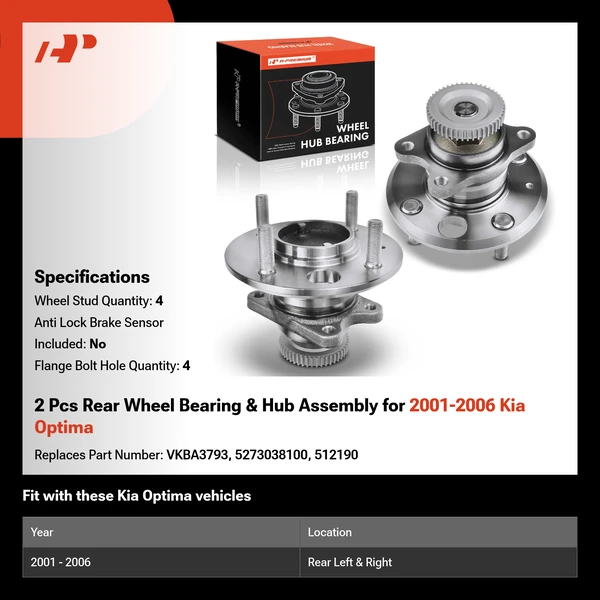 2 Pcs Rear Wheel Bearing & Hub Assembly for 2001-2006 Kia Optima