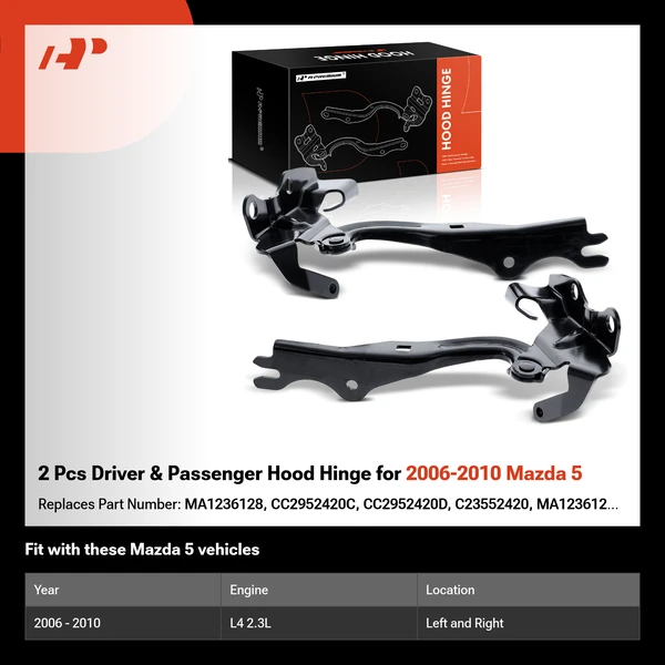 2 Pcs Driver & Passenger Hood Hinge for 2006-2010 Mazda 5