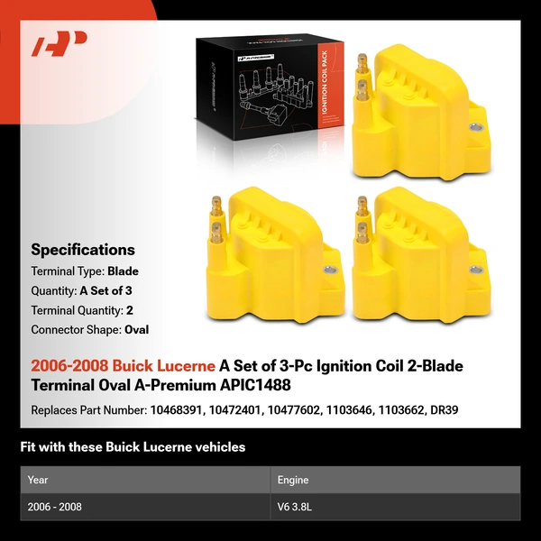 2006-2008 Buick Lucerne A Set of 3-Pc Ignition Coil 2-Blade Terminal Oval A-Premium APIC1488